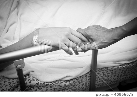 An old wrinkled hand touches and holds young hand 40966678