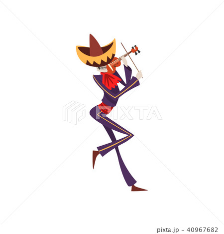 Skeleton in Mexican national costume dancing with violin, Dia de Muertos, Day of the Dead vector 40967682