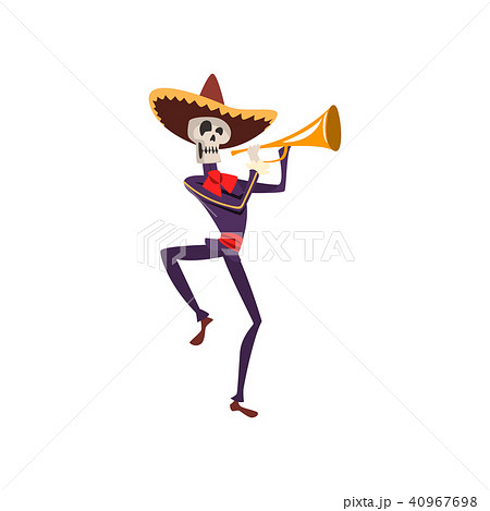 Skeleton in Mexican traditional costume and hat dancing with trumpet, Dia de Muertos, Day of the 40967698