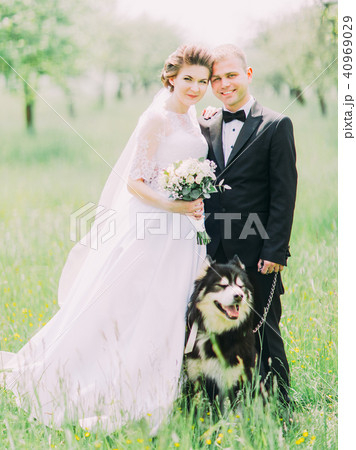 The smiling newlywed couple is spending their time with the dog in the sunny wood. 40969029