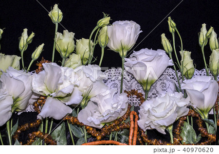 Flowers of Lisianthus with red coral and amber  40970620