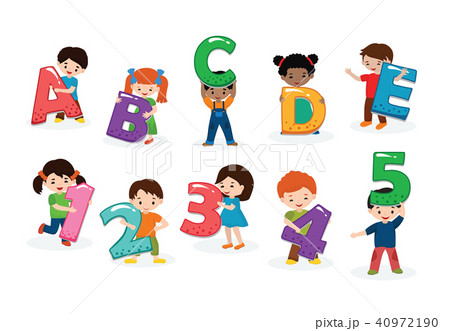 Kids alphabet vector children font and boy or girl character holding alphabetic letter or number 40972190