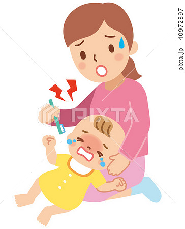 仕上げ歯磨きを嫌がる赤ちゃんのイラスト素材
