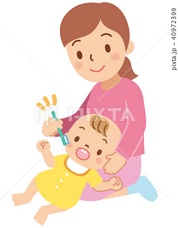 赤ちゃんに仕上げの歯磨きをする母親のイラスト素材 40972399 Pixta