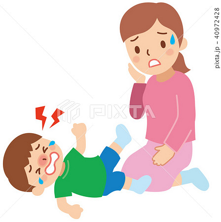 癇癪を起こす子供と困るお母さんのイラスト素材