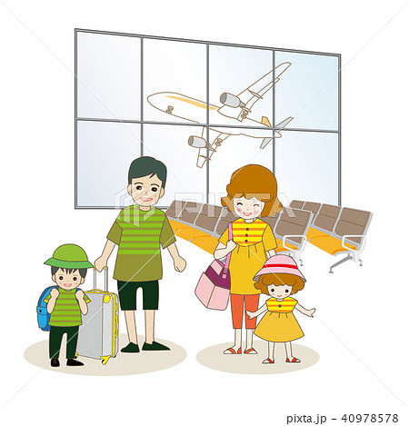 家族旅行 空港 飛行機 のイラスト素材