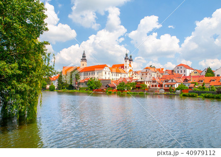 Panoramic view of Telc with reflection in Stepnicky pond, Czech Republic. UNESCO World Heritage Site Panoramic view of Telc with reflection in Stepnicky pond, Czech Republic. UNESCO World Heritage Site 40979112