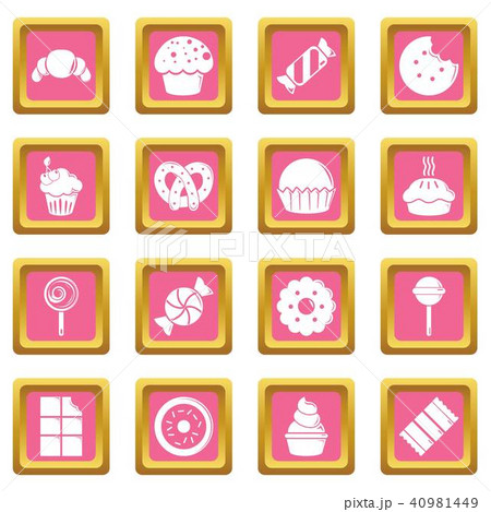 Sweets candy cakes icons set pink square vector Sweets candy cakes icons set pink square vector 40981449