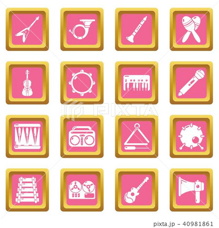 Musical instruments icons set pink square vector 40981861