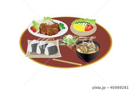 今日のご飯肉団子と小松菜のおひたしのイラスト素材
