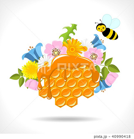 honeycomb with honey, flowers and bees honeycomb with honey, flowers and bees 40990418