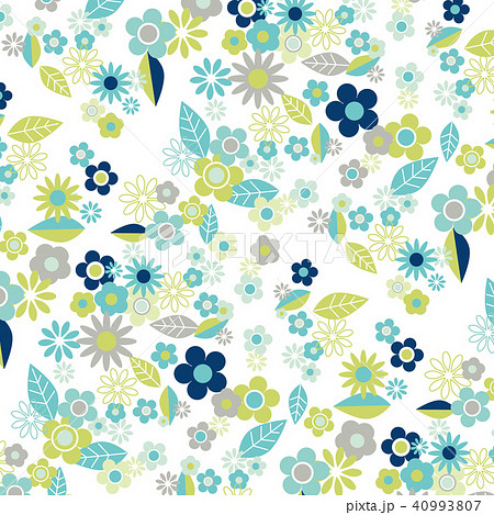 北欧風 花と葉っぱグリーンベースパターンのイラスト素材