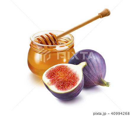 Honey pot with dipper and fresh fig isolated 40994268