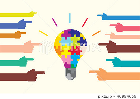 多様性とアイディアを表すカラフルな電球と手 Diversity Creativity Bulbのイラスト素材