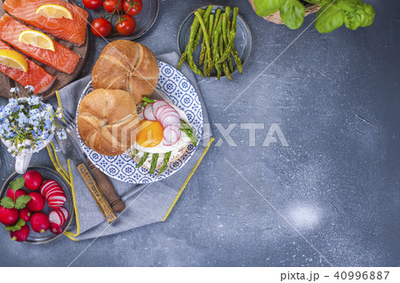 Sandwich with egg and asparagus. Delicious healthy lunch. Copy space. Flat lay Sandwich with egg and asparagus. Delicious healthy lunch. Copy space. Flat lay 40996887