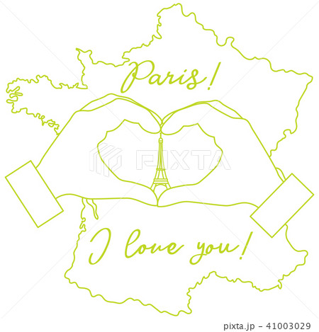 Hand making a heart shape Tower, symbol of Paris. 41003029