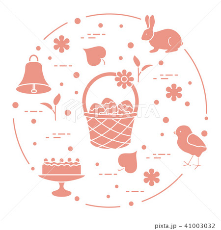 Easter Simnel cake, basket, eggs, bell, chick. Easter Simnel cake, basket, eggs, bell, chick. 41003032