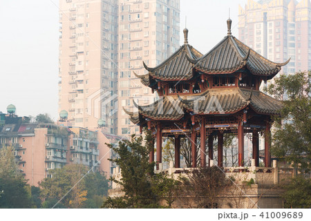 Pagoda in Chengdu downtown in the fog - China Pagoda in Chengdu downtown in the fog - China 41009689