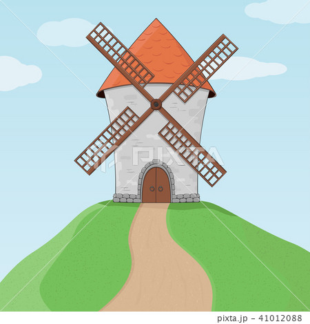 Windmill on a hill and blue sky. Colored doodle Windmill on a hill and blue sky. Colored doodle 41012088