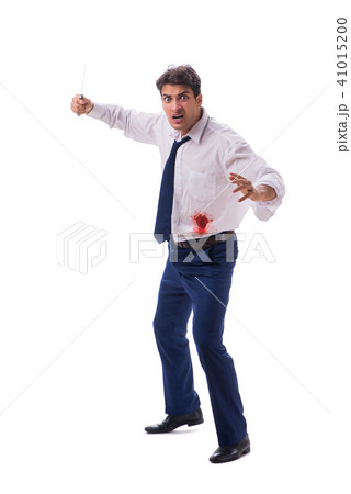Wounded businessman with blood stains isolated on white backgrou 41015200