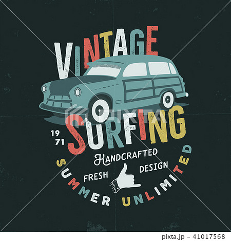 Vintage hand drawn tee print design with retro surf car, shaka sign and typography elements. Surf 41017568