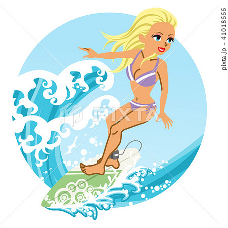 サーフィンを楽しむ女性 円形クリップアートのイラスト素材