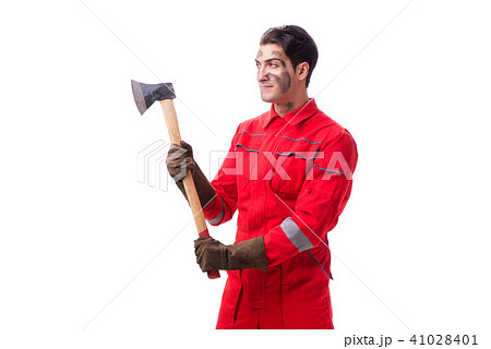 Contractor employee with axe on white background Contractor employee with axe on white background 41028401