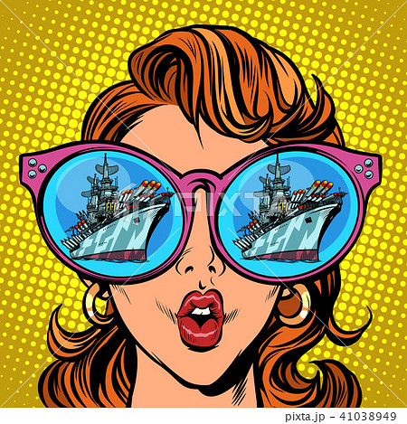 Woman with sunglasses. Warship battleshipのイラスト素材
