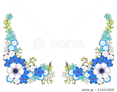 アネモネと青い花のフレームのイラスト素材