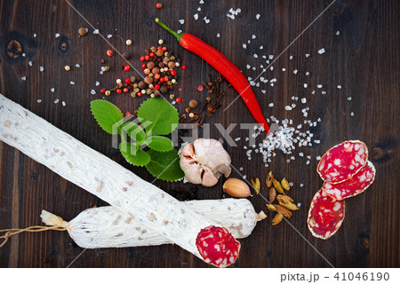 Sliced cured sausage with spices Sliced cured sausage with spices 41046190