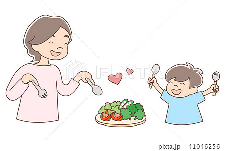お母さんと子ども 野菜大好きのイラスト素材