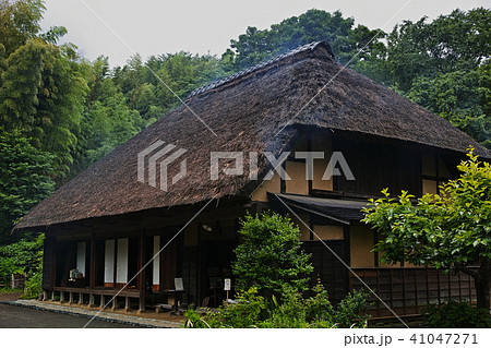 木造平屋寄棟造り茅葺き屋根の農家の古民家 雨なし 舞岡公園小谷戸の里の写真素材