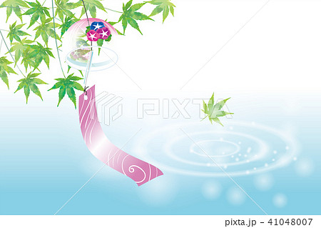 暑中お見舞葉書デザイン 横 緑の楓とアサガオ柄の風鈴と水辺の涼しげな風景 夏のイメージのイラスト素材