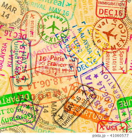 Many bright colorful immigration stamps on old textured paper 41060577