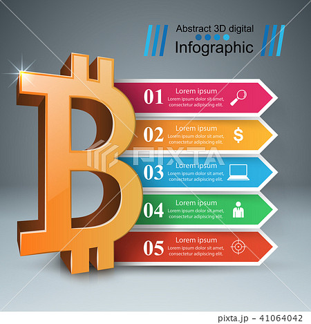 Bitcoin five items paper infographic. 41064042
