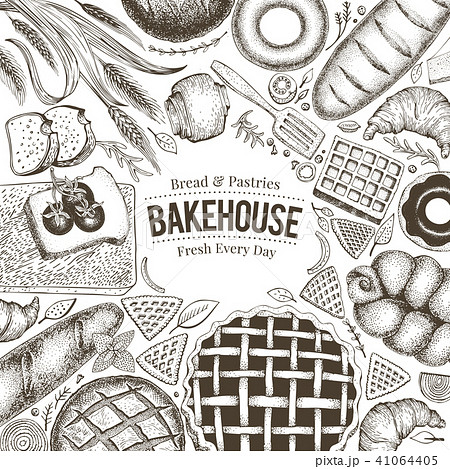 Bakery top view frame. Hand drawn vector illustration with bread and pastry. Retro design template 41064405