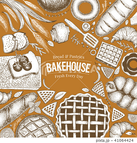 Bakery top view frame. Hand drawn vector illustration with bread and pastry. Retro design template 41064424