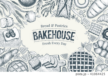 Bakery top view frame. Hand drawn vector illustration with bread and pastry. Retro design template 41064425