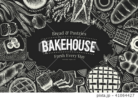 Bakery top view frame on chalk board. Hand drawn vector illustration with bread and pastry. Retro 41064427