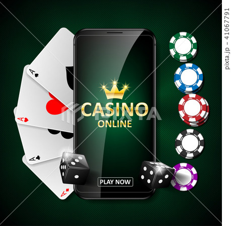 Online Internet casino marketing banner. phone app with dice, poker chips and playing cards. Playing 41067791