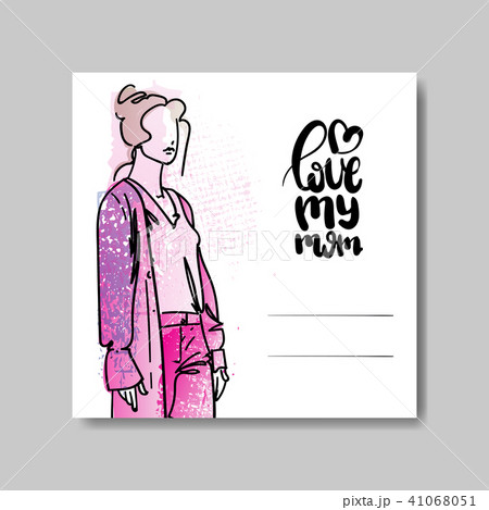Love My Mom Lettering Over Happy Mother Day Greeting Card Background With Beautiful Female 41068051