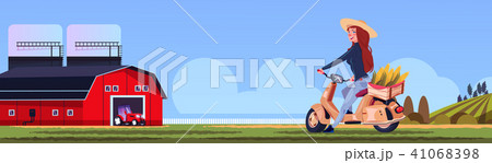 woman riding scooter or motorcycle with corn in box over village landscape countryside, eco farm woman riding scooter or motorcycle with corn in box over village landscape countryside, eco farm 41068398