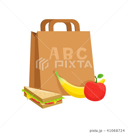 Paper bag with sandwich, banana and apple, school lunch box, food for kids and students vector 41068724