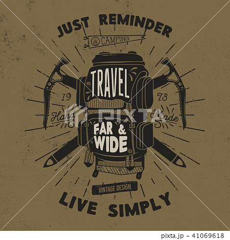 Vintage hand drawn textured T shirt Apparel Graphics Fashion Print. Camp backpack retro tee badge 41069618