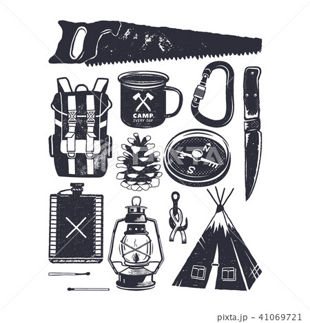 Vintage hand drawn camping symbols. Hiking icons in retro monochrome style. Silhouette mountain Vintage hand drawn camping symbols. Hiking icons in retro monochrome style. Silhouette mountain 41069721