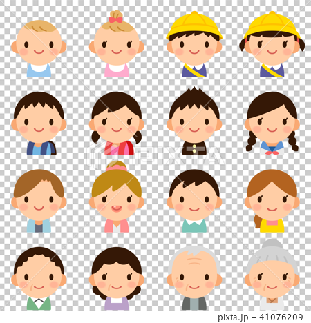 様々な世代の家族 男女 夫婦 子供 赤ちゃん 顔 表情 かわいい フラット アイコン セットのイラスト素材