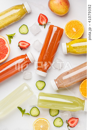 Flat lay of variety colorful smoothies or juices Flat lay of variety colorful smoothies or juices 41079392