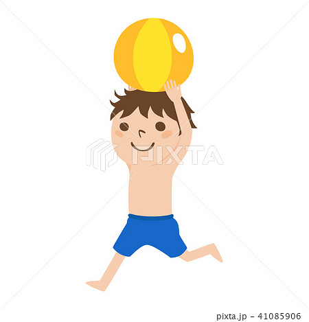 夏にビーチボールを持って楽しそうに走る男の子のイラストのイラスト素材
