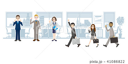働く人々と背景のイラストのイラスト素材