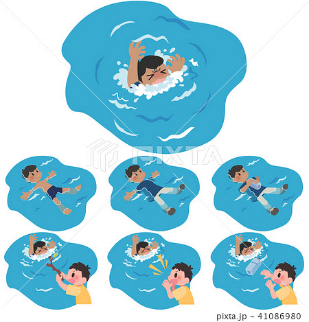 溺れる男性 背浮き救助セットのイラスト素材